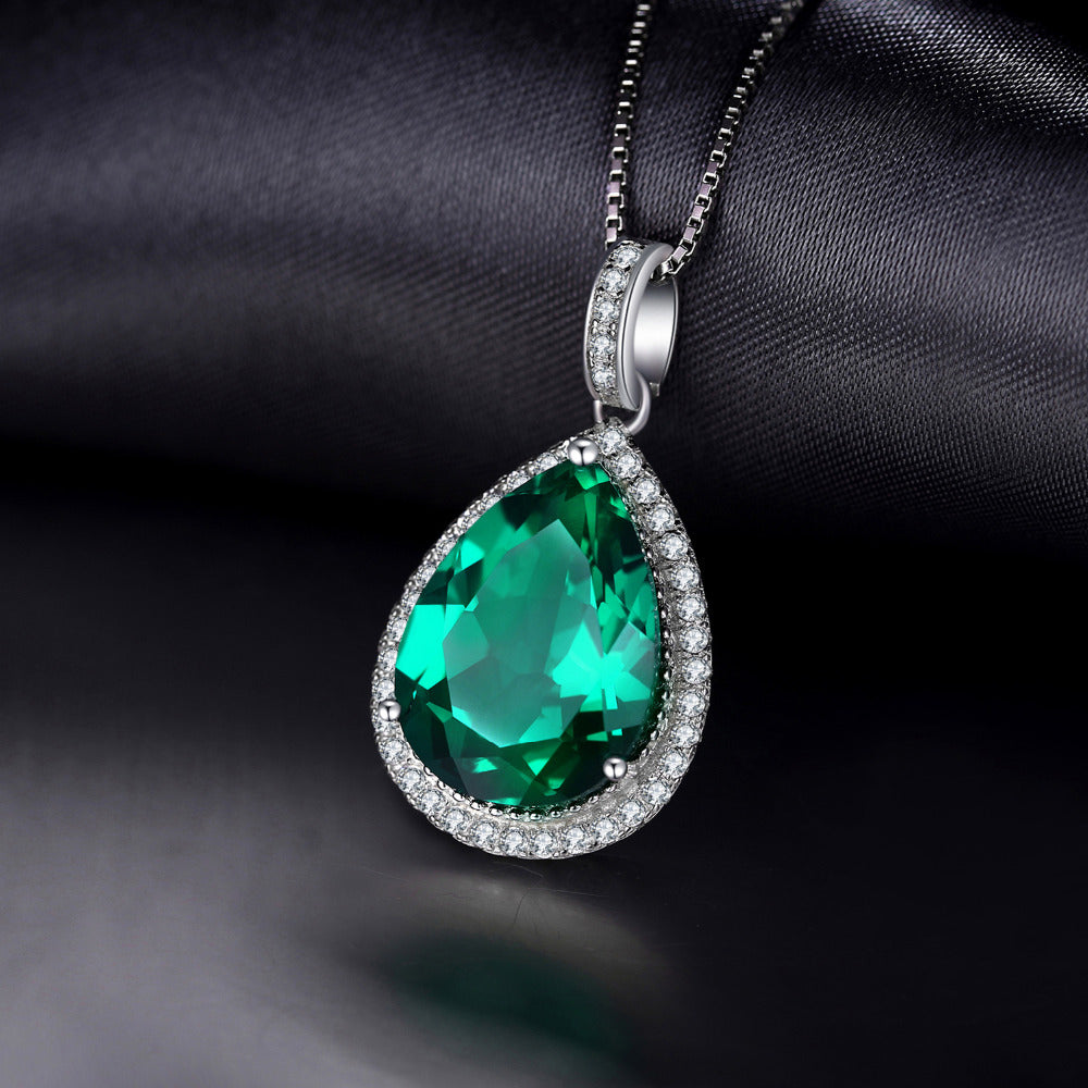 Luxury Pear Cut 3. 7 carat Created Emerald--MAY Birthstone--Solid 925 Sterling Silver Pendant Necklace