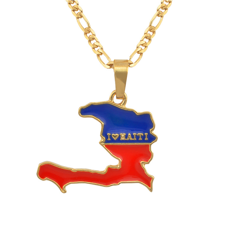 Caribbean Vibes -I LOVE HAITI Map Flag Necklace Pendants Chain - Unisex