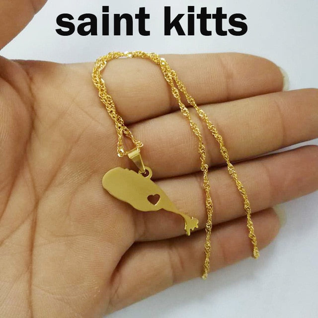 Caribbean Vibes Saint Kitts and Nevis Map Heart Pendant Necklace