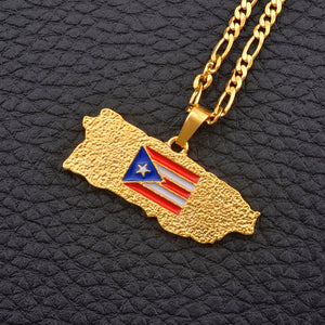 Caribbean Vibes - Puerto Rico Flag Map Necklace Gold (unisex)